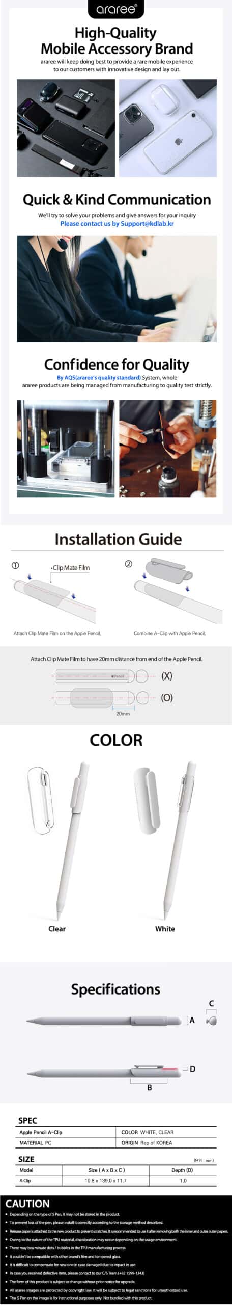 Araree A-Clip Clear & White designed for Pencil 1st and 2nd Generation