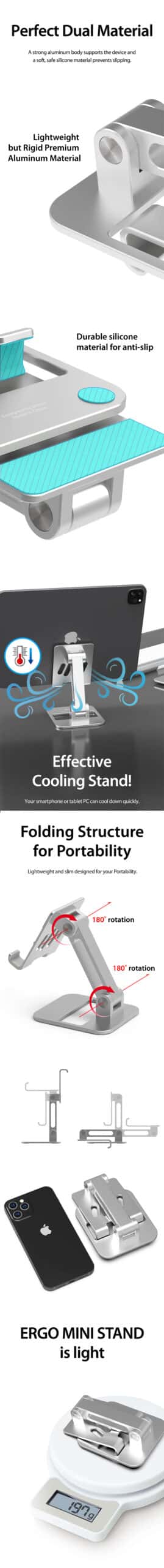 ARAREE ERGO MINI STAND For iPhone, Tablet, iPad, iPad Pro, Universal Aluminum Stand with Flexible Angle Adjustable