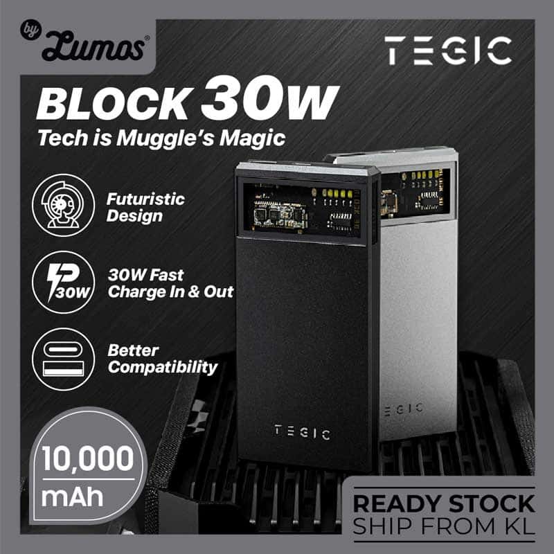 TEGIC BLOCK 30W FAST CHARGE IN AND OUT 10000 MAH TYPE-C AND USB-A FUTURISTIC DESIGN POWER BANK
