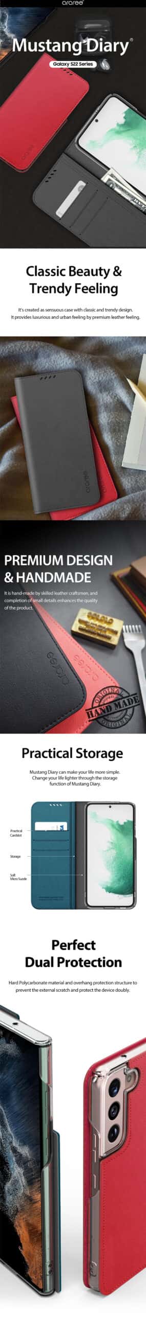 ARAREE MUSTANG DIARY Samsung Galaxy S22 / S22 Plus / S22 Ultra Series Hand Made Premium Flip Case