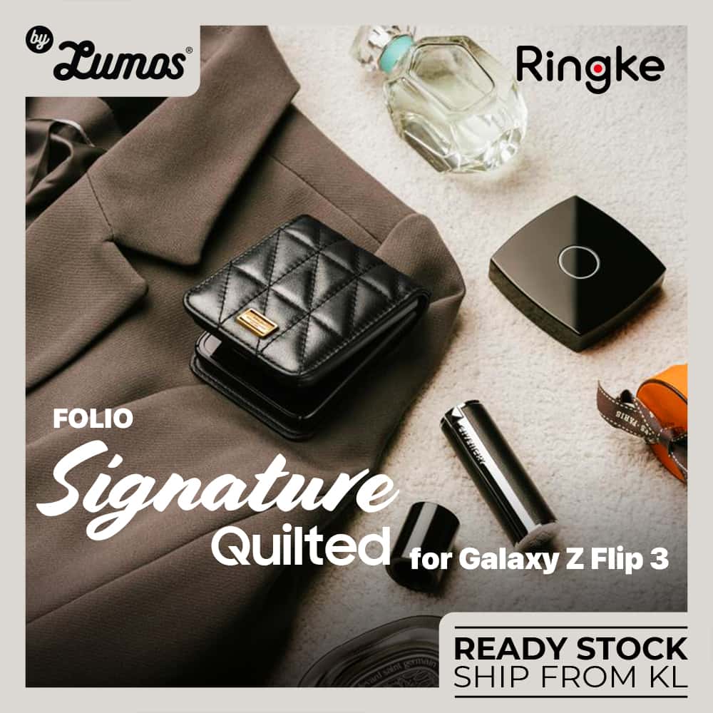 RINGKE FOLIO SIGNATURE QUILTED For Samsung Galaxy Z Flip 3 Protective Chain Strap Styling Phone Case – Black
