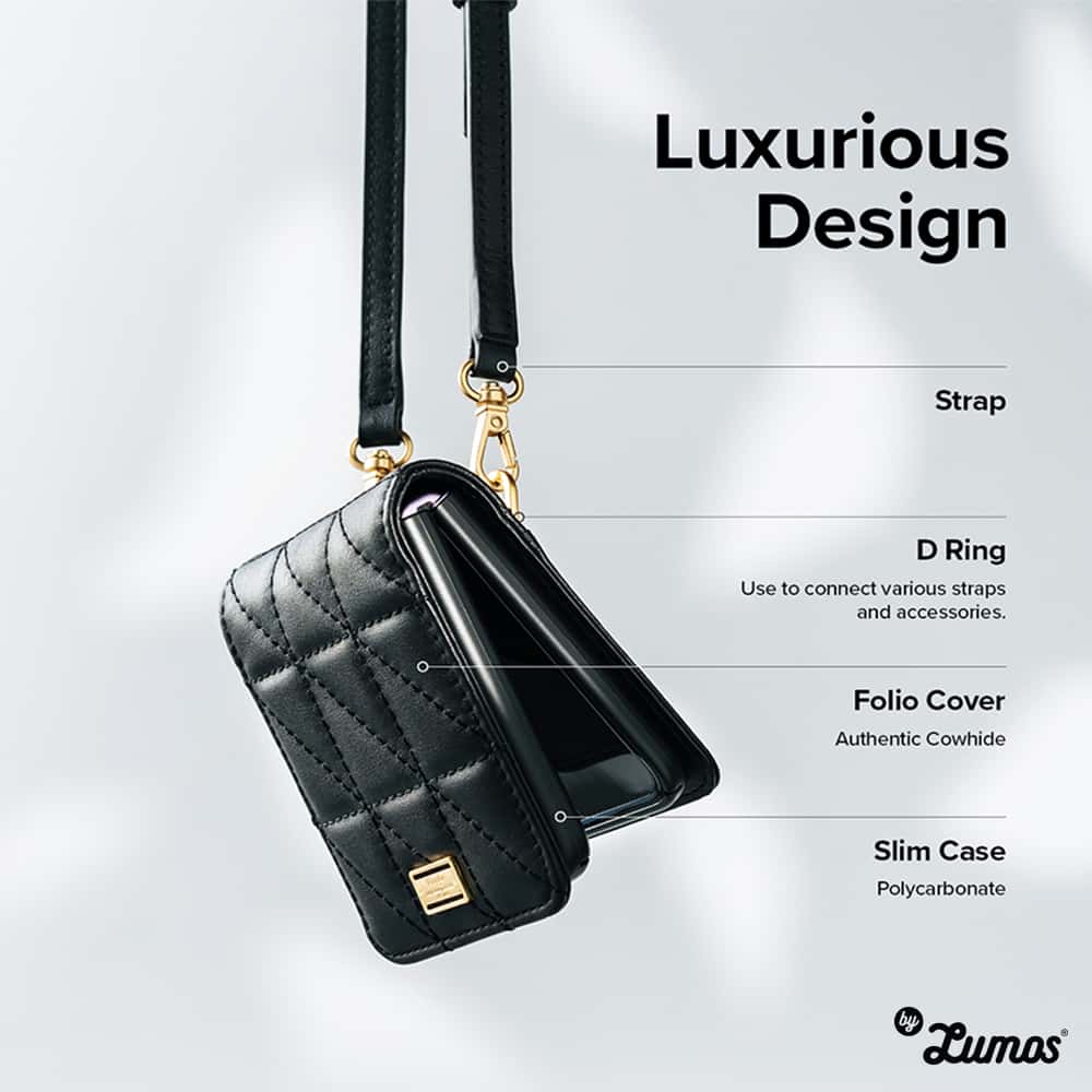 RINGKE FOLIO SIGNATURE QUILTED For Samsung Galaxy Z Flip 3 Protective Chain Strap Styling Phone Case – Black