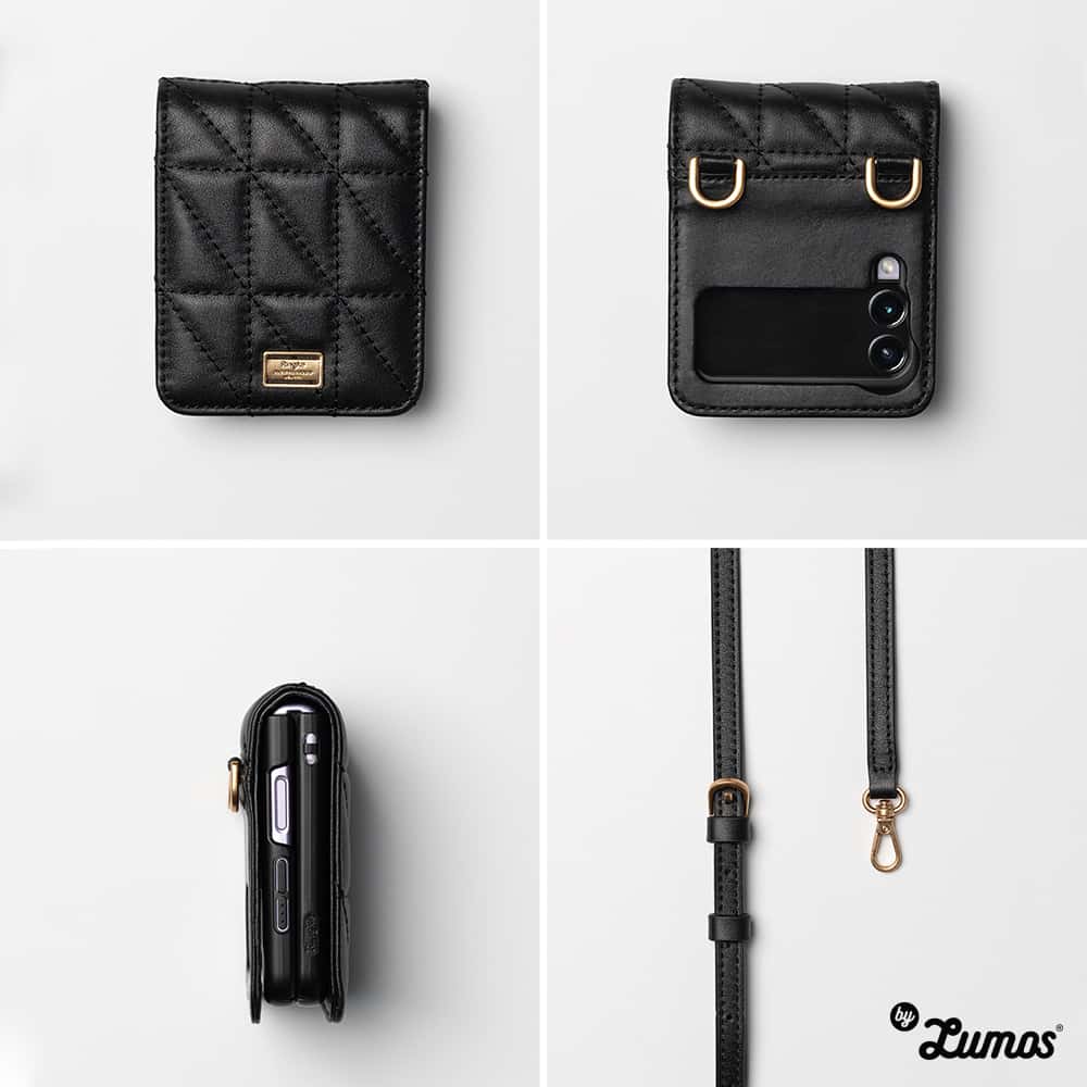 RINGKE FOLIO SIGNATURE QUILTED For Samsung Galaxy Z Flip 3 Protective Chain Strap Styling Phone Case – Black