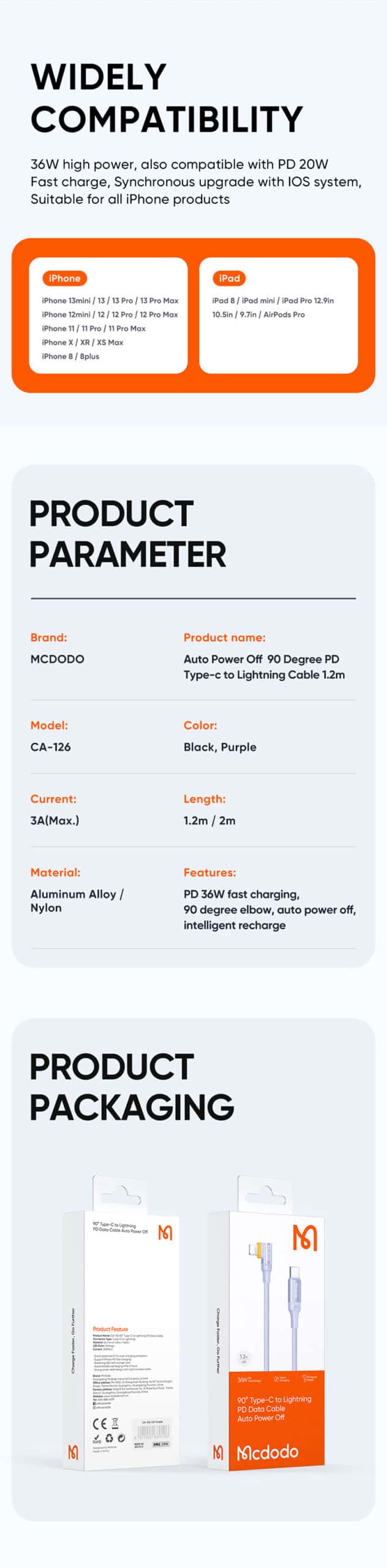 MCDODO CA-126 Auto Power Off Elbow PD Type-C To Lightning 36W Data Cable 1.2M / 2M