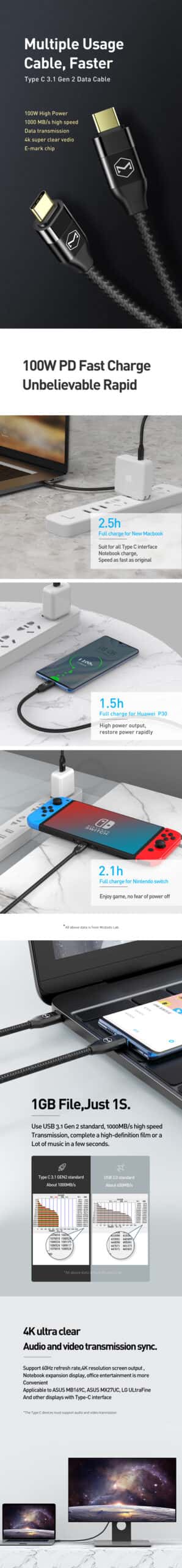 MCDODO CA-713 High Speed Multiple Usage Cable Gold Plated 5A 20V 100W PD USB C To USB C Cable