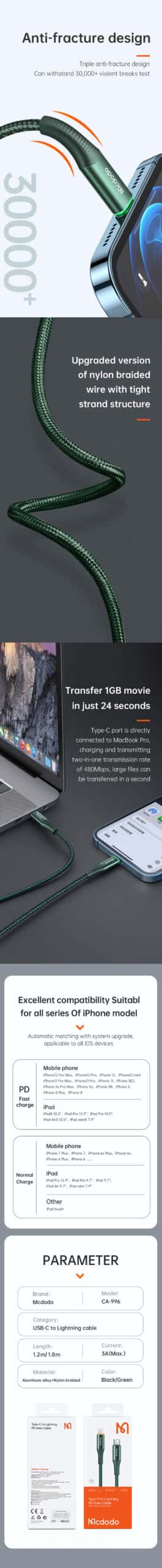 MCDODO CA-996 36W 20W Fast Charging Cable Smart With Led Light Type C To iPhone Braided USB Charging Cable