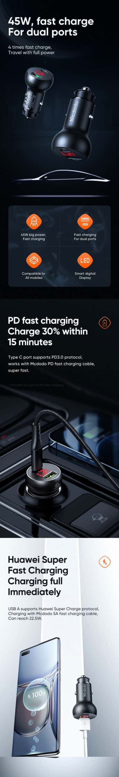 MCDODO CC-7030 45W Fast Car Charge For Dual Ports Pd+Qc USB Car Charger With Digital Display