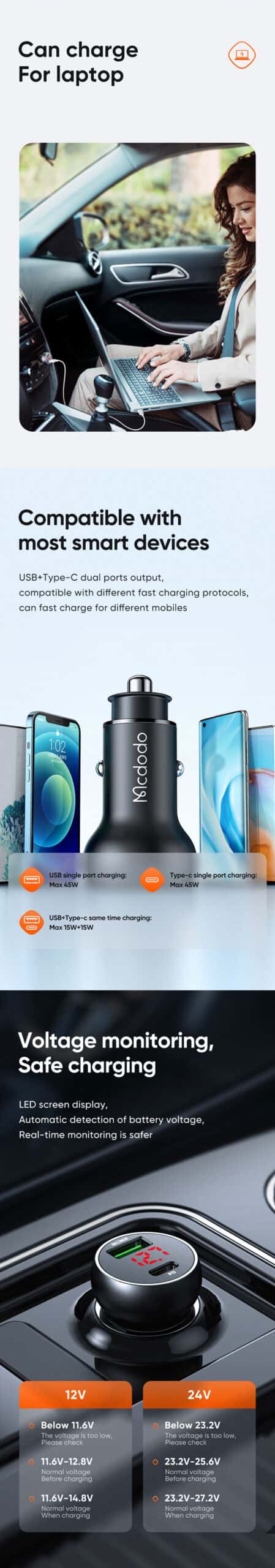 MCDODO CC-7030 45W Fast Car Charge For Dual Ports Pd+Qc USB Car Charger With Digital Display