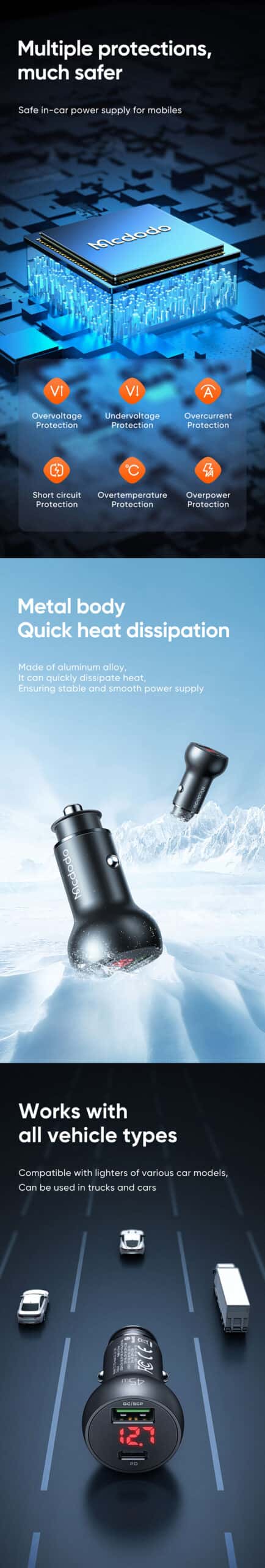 MCDODO CC-7030 45W Fast Car Charge For Dual Ports Pd+Qc USB Car Charger With Digital Display