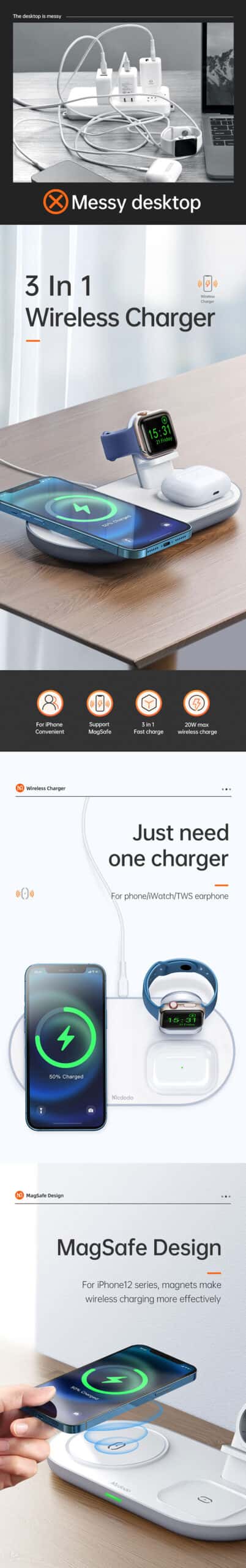 MCDODO CH-706 Wireless Charger 3 in 1 Wireless Charging Fast Charger Magsafe Compatible With iPhone Apple Watch Airpods