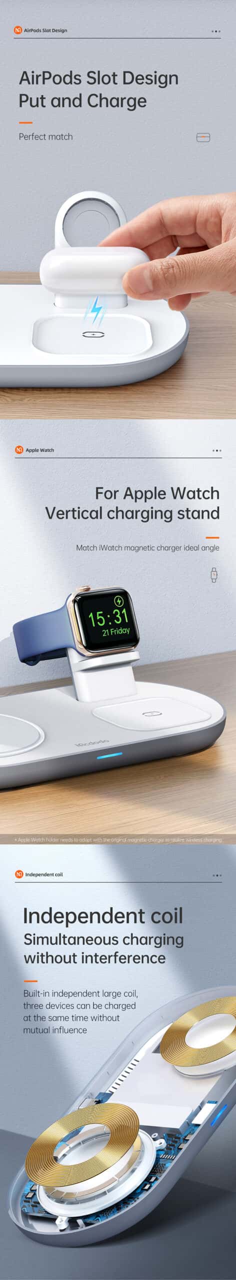 MCDODO CH-706 Wireless Charger 3 in 1 Wireless Charging Fast Charger Magsafe Compatible With iPhone Apple Watch Airpods