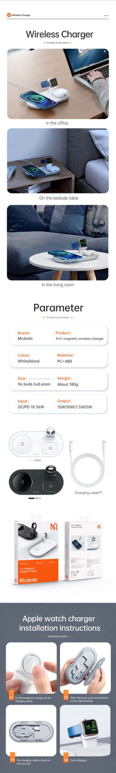 MCDODO CH-706 Wireless Charger 3 in 1 Wireless Charging Fast Charger Magsafe Compatible With iPhone Apple Watch Airpods