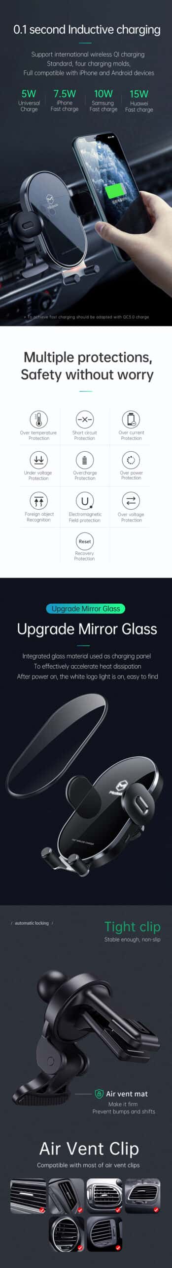 MCDODO CH-7620 Intelligent Reminder With Led Air Mount Stander 2 in 1 Car Phone Holder 15W Wireless Charger