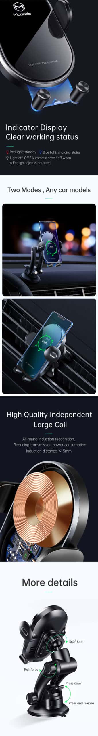 MCDODO CH-7620 Intelligent Reminder With Led Air Mount Stander 2 in 1 Car Phone Holder 15W Wireless Charger