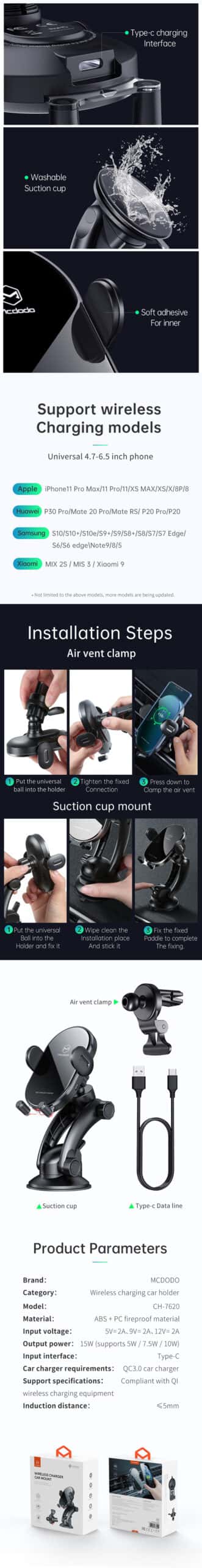 MCDODO CH-7620 Intelligent Reminder With Led Air Mount Stander 2 in 1 Car Phone Holder 15W Wireless Charger