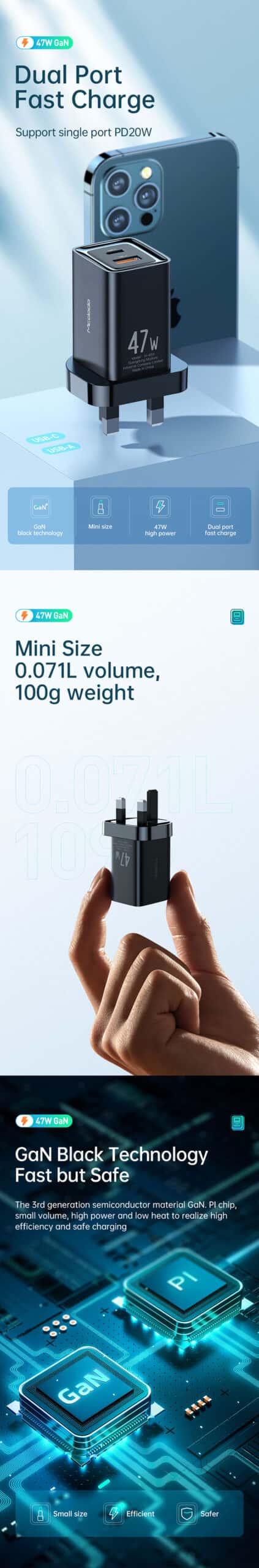 MCDODO CH-859 Dual Port Fast Charge Support PD 3.0 Mini Size 47w High Power