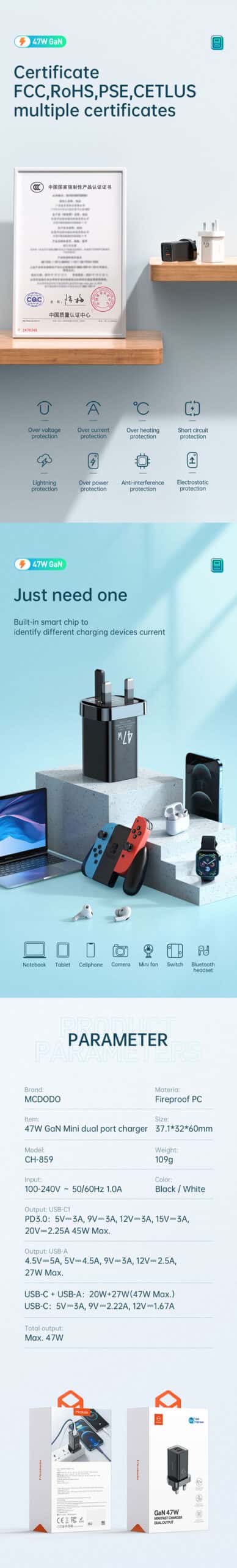 MCDODO CH-859 Dual Port Fast Charge Support PD 3.0 Mini Size 47w High Power