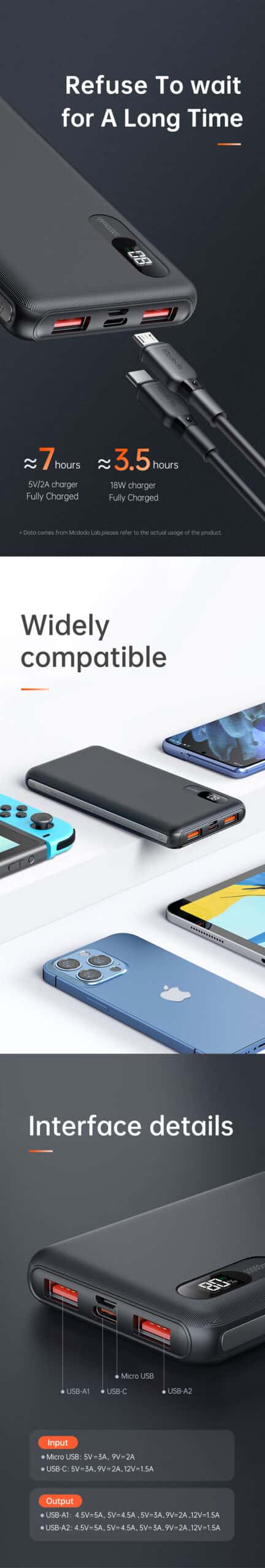 MCDODO MC-604 Portable Fast Charging Dual USB A +Type C PD SCP VOOC QC 10000mAh Power Bank