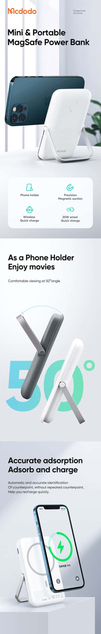 MCDODO MC-705 ULTRA SLIM MAGSAFE PD 20W POWER BANK WITH PHONE HOLDER 5000MAH