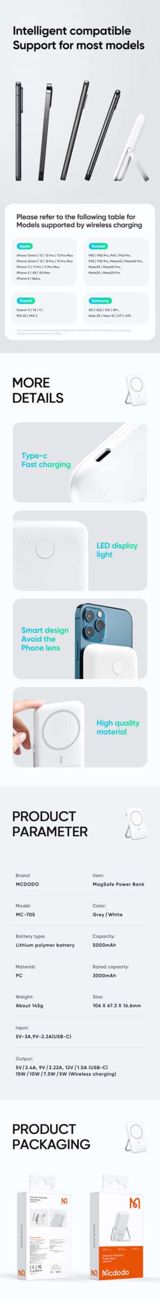 MCDODO MC-705 ULTRA SLIM MAGSAFE PD 20W POWER BANK WITH PHONE HOLDER 5000MAH