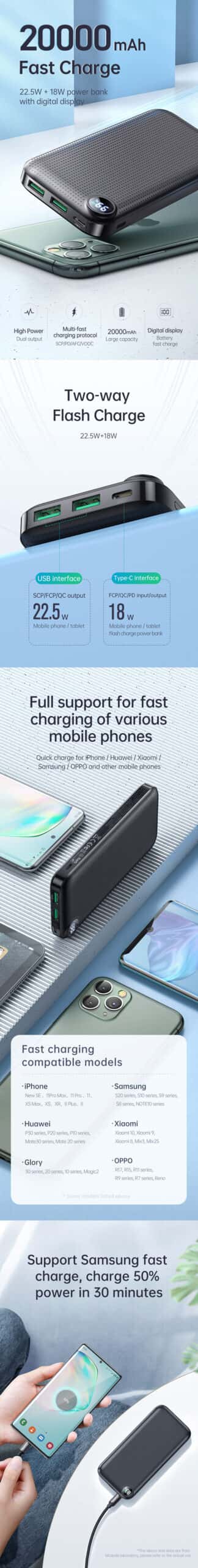 MCDODO MC-7161 20000 mAh Fast Charge 22.5w VOOC + 18w SCP PD AFC Digital Display Power Bank High Power Dual Output