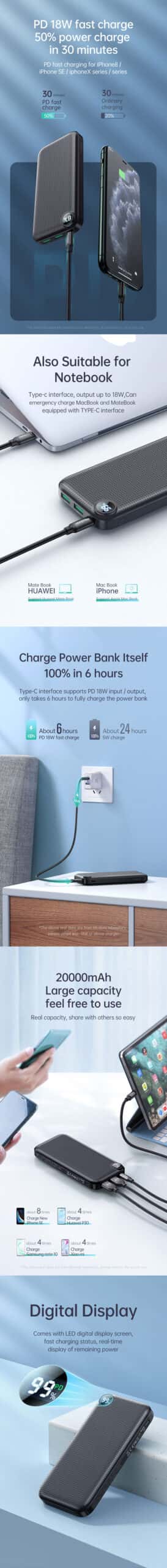 MCDODO MC-7161 20000 mAh Fast Charge 22.5w VOOC + 18w SCP PD AFC Digital Display Power Bank High Power Dual Output