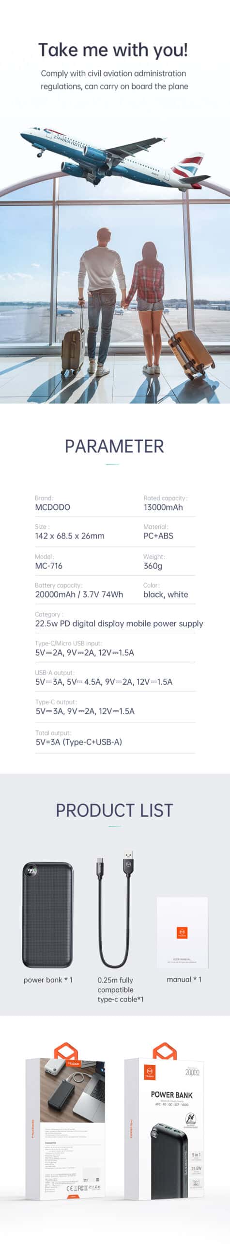MCDODO MC-7161 20000 mAh Fast Charge 22.5w VOOC + 18w SCP PD AFC Digital Display Power Bank High Power Dual Output
