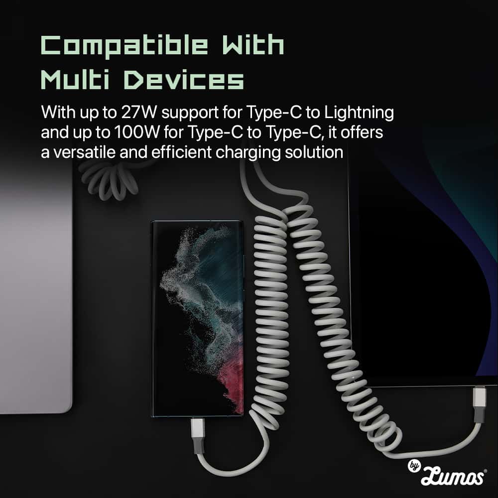 TEGIC COIL USB FAST CHARGING CABLE Fast Charger USB-C To USB-C 100W, USB-C To Lightning 27W, Cable 1.8M Long