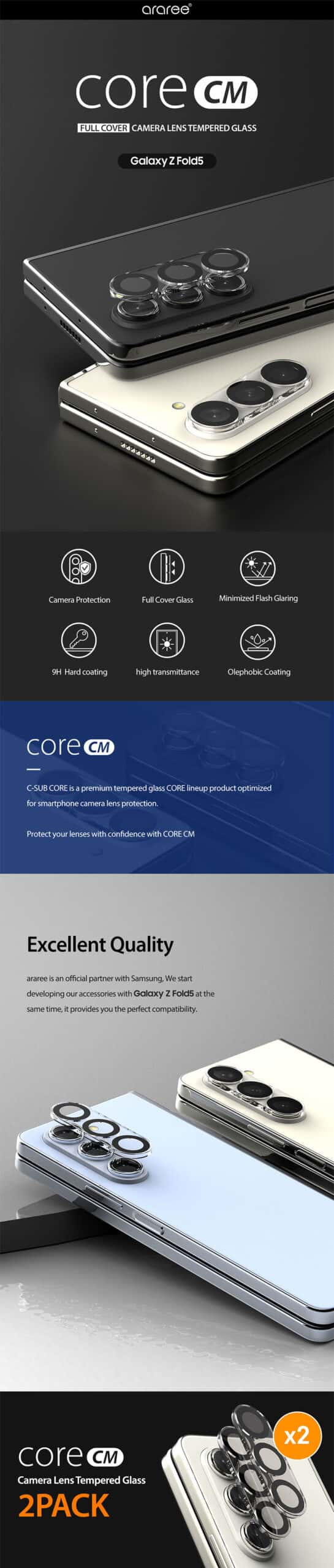 ARAREE CORE CM SAMSUNG GALAXY Z FOLD 5 FULL COVER CAMERA LENS TEMPERED GLASS