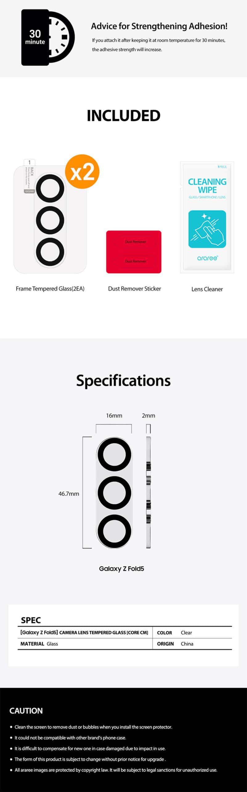 ARAREE CORE CM SAMSUNG GALAXY Z FOLD 5 FULL COVER CAMERA LENS TEMPERED GLASS