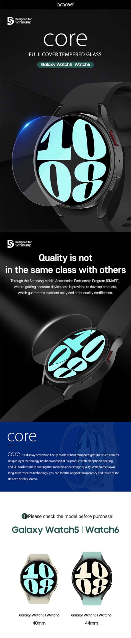 ARAREE SUB CORE Samsung Galaxy Watch 4/5/Watch 6(40mm/44mm) Include 2 Pcs Tempered Glass