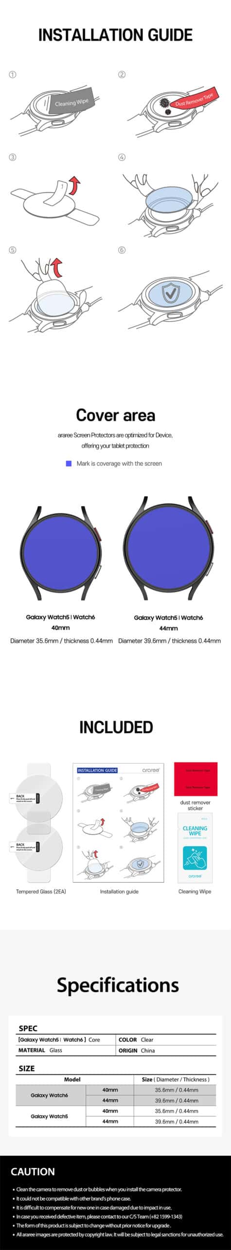 ARAREE SUB CORE Samsung Galaxy Watch 4/5/Watch 6(40mm/44mm) Include 2 Pcs Tempered Glass