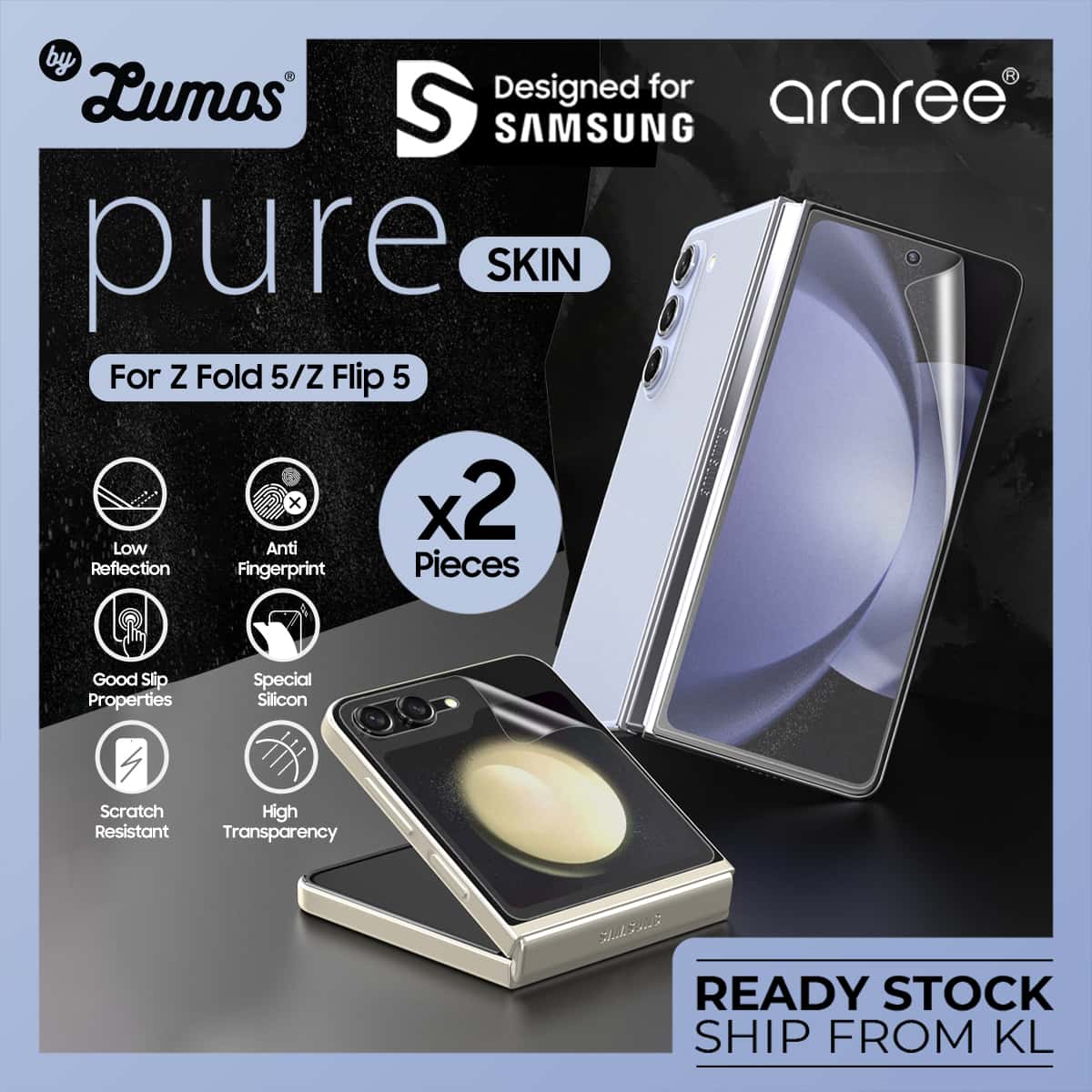 ARAREE PURE SKIN 2PCS (MATT FILM) Samsung Galaxy Z Fold 5 /Z Flip 5 Anti-Fingerprint Tempered Glass