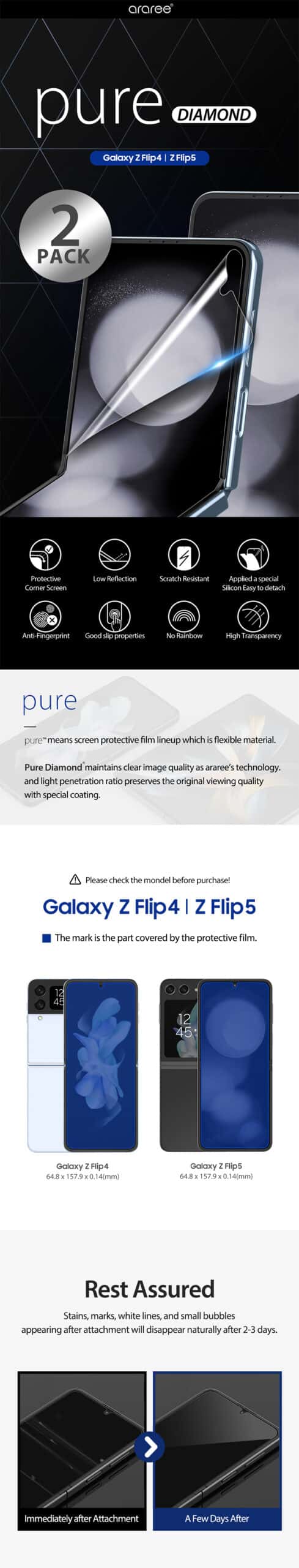 ARAREE PURE DIAMOND 2PCS Samsung Galaxy Z Flip 4/Galaxy Z Flip 5 Screen Protector No Rainbow