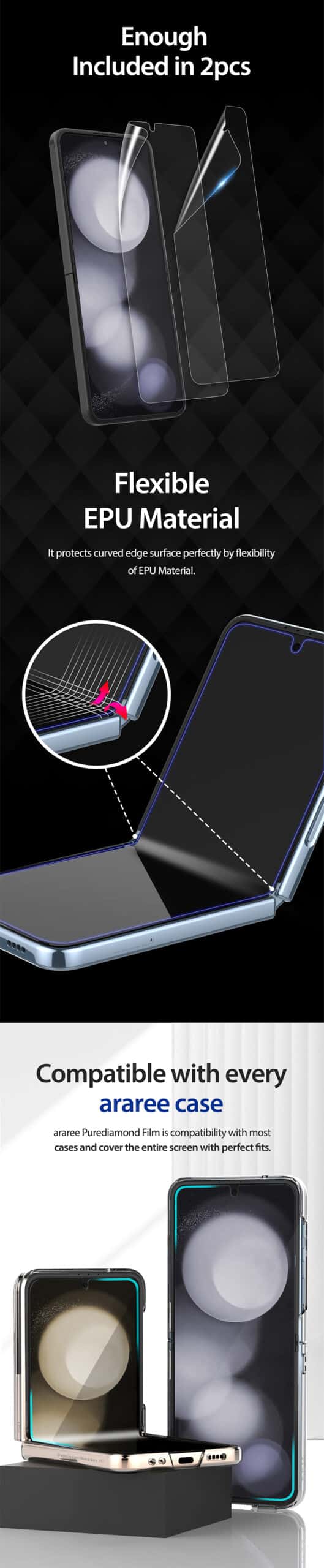 ARAREE PURE DIAMOND 2PCS Samsung Galaxy Z Flip 4/Galaxy Z Flip 5 Screen Protector No Rainbow