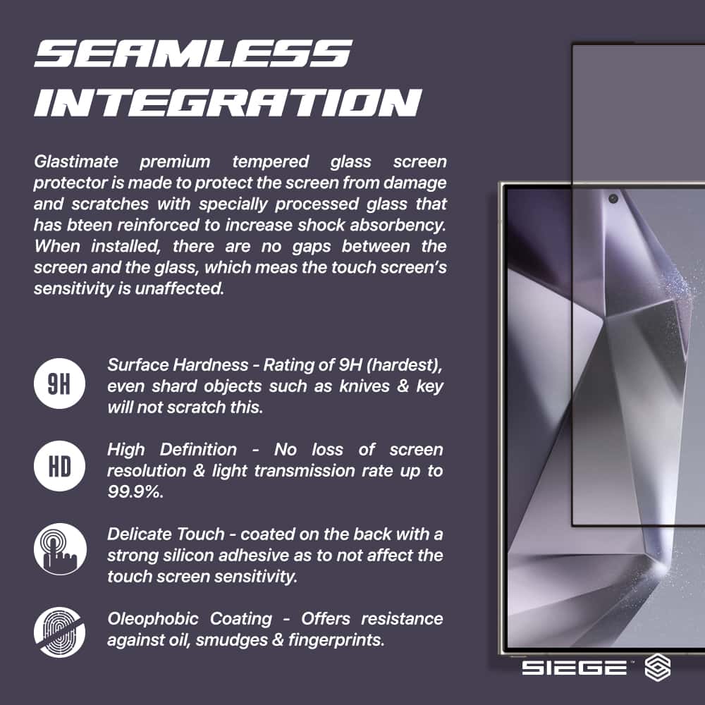 SIEGE GLASTIMATE FULL COVERAGE HD CLEAR PREMIUM TEMPERED GLASS SCREEN PROTECTOR For Samsung Galaxy S24 Series