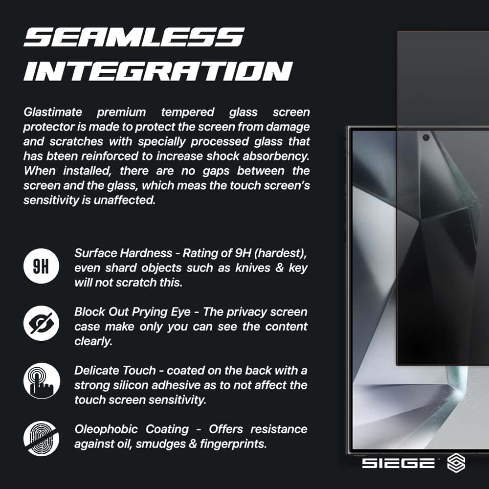 SIEGE GLASTIMATE FULL COVERAGE PRIVACY PREMIUM TEMPERED GLASS SCREEN PROTECTION For Samsung Galaxy S24 Series
