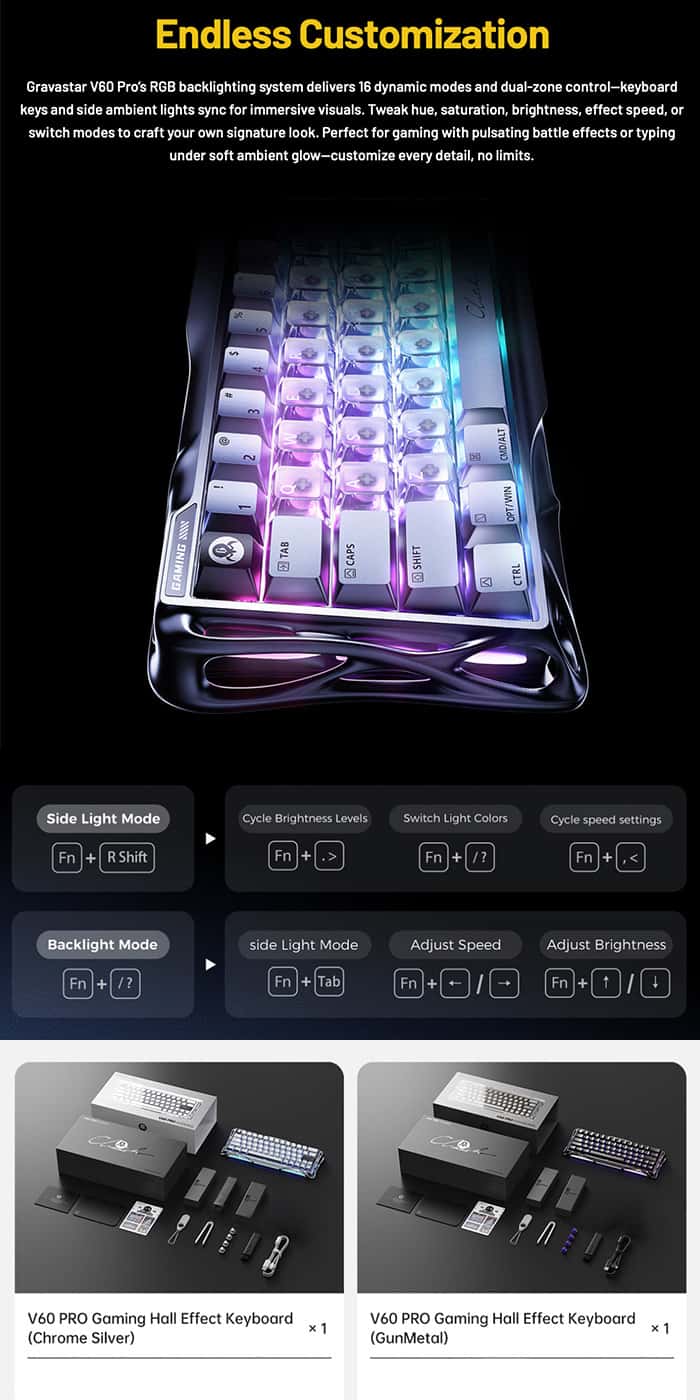 Gravastar V60 Pro 60% Hall Effect Magnetic Switch Gaming Keyboard – Silver Frost