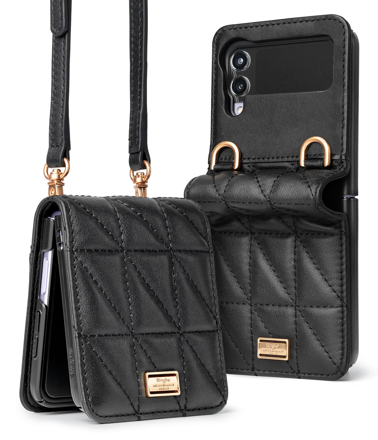 RINGKE FOLIO SIGNATURE QUILTED For Samsung Galaxy Z Flip 3 Protective Chain Strap Styling Phone Case – Black – Black