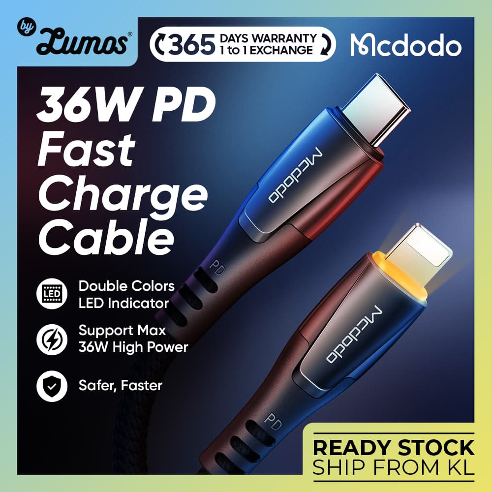 MCDODO CA-765 36W High Power PD Fast Charger Cable Dual Color Led PD Fast Charger Lightning To Type C Cable