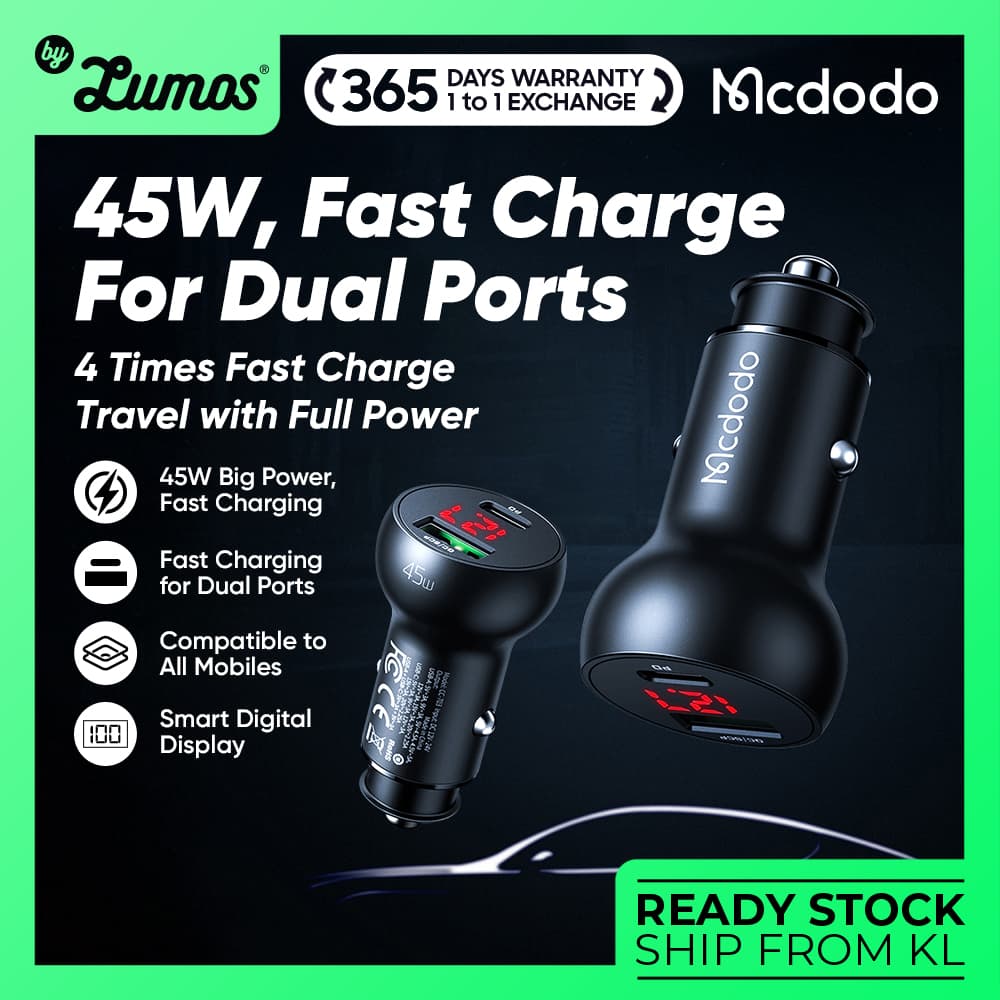 MCDODO CC-7030 45W Fast Car Charge For Dual Ports Pd+Qc USB Car Charger With Digital Display