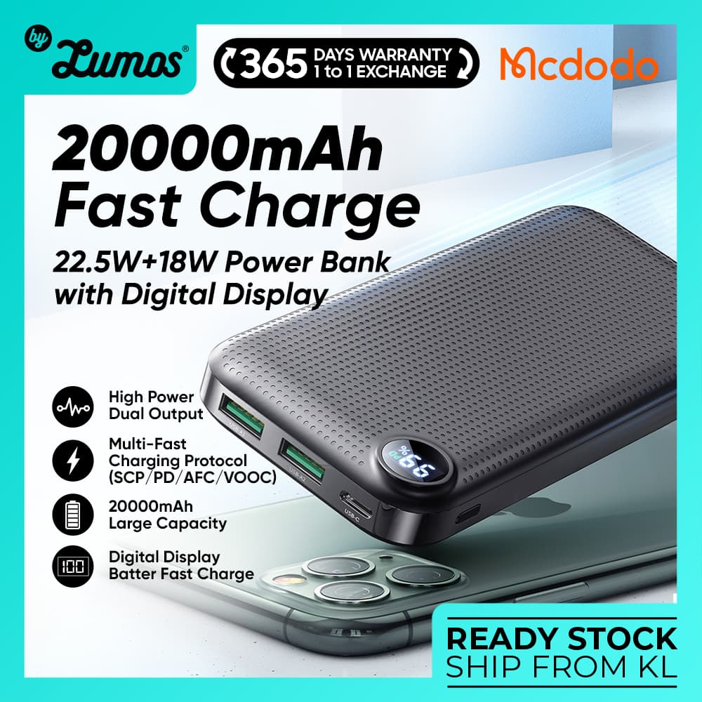 MCDODO MC-7161 20000 mAh Fast Charge 22.5w VOOC + 18w SCP PD AFC Digital Display Power Bank High Power Dual Output