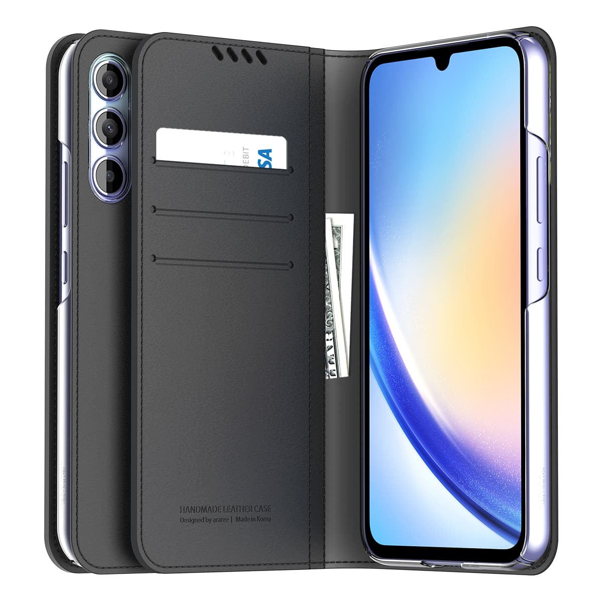 ARAREE MUSTANG DIARY Samsung Galaxy A34 Flip Handmade Practical Card Slots Case – Black