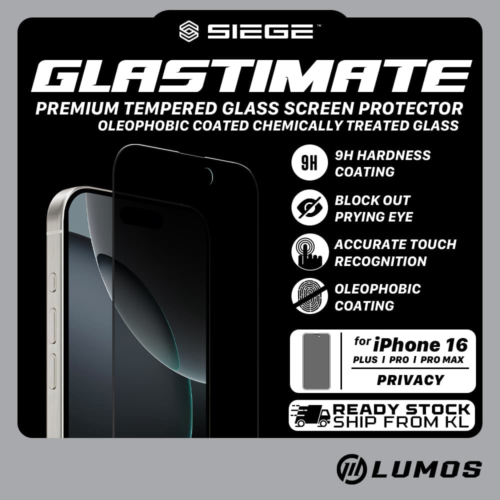 SIEGE GLASTIMATE PREMIUM PRIVACY TEMPERED GLASS SCREEN PROTECTOR for iPhone 16/16 Plus/16 Pro/16 Pro Max