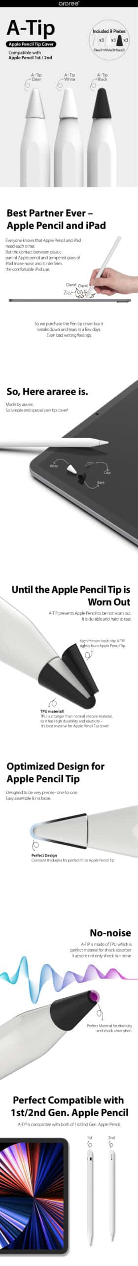 Araree A-TIP Cover Clear, White & Black designed for Apple Pencil 1st& 2nd Gen