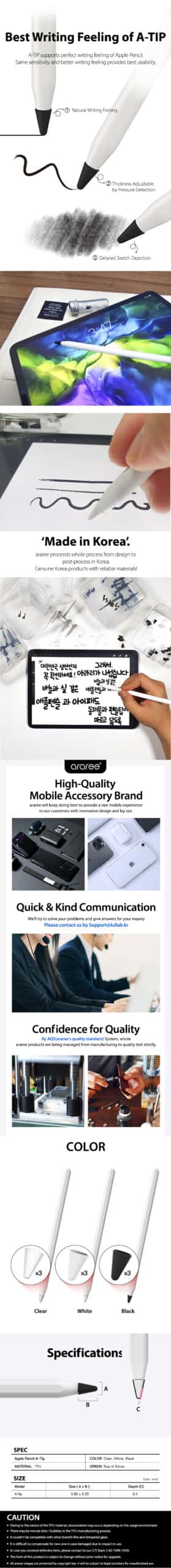 Araree A-TIP Cover Clear, White & Black designed for Apple Pencil 1st& 2nd Gen