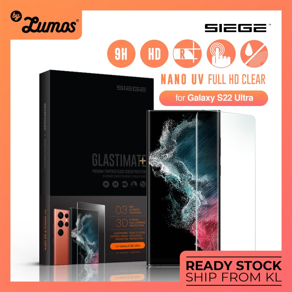 SIEGE GLASTIMATE Samsung Galaxy S22 Ultra UV Nano Glue 3D Full Coverage Protection Tempered Glass Screen Protector – S22 Ultra