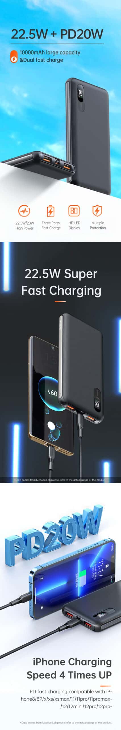 MCDODO MC-604 Portable Fast Charging Dual USB A +Type C PD SCP VOOC QC 10000mAh Power Bank