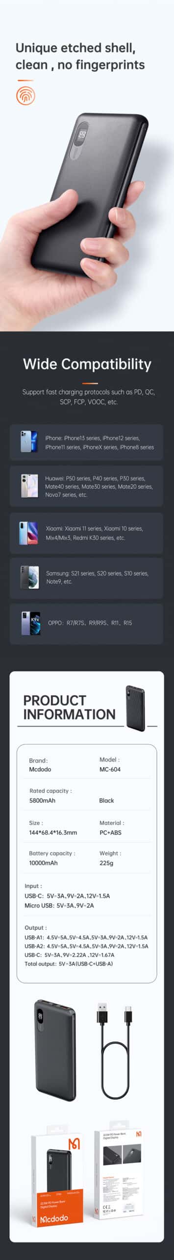 MCDODO MC-604 Portable Fast Charging Dual USB A +Type C PD SCP VOOC QC 10000mAh Power Bank