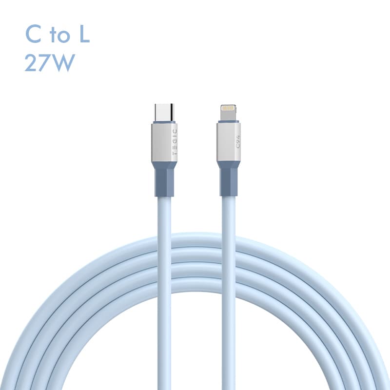 TEGIC SILICONE USB FAST CHARGING CABLE Fast Charger Type C To Type C and Type C To Lightning 1M Long โ C to L 27W, BLUE